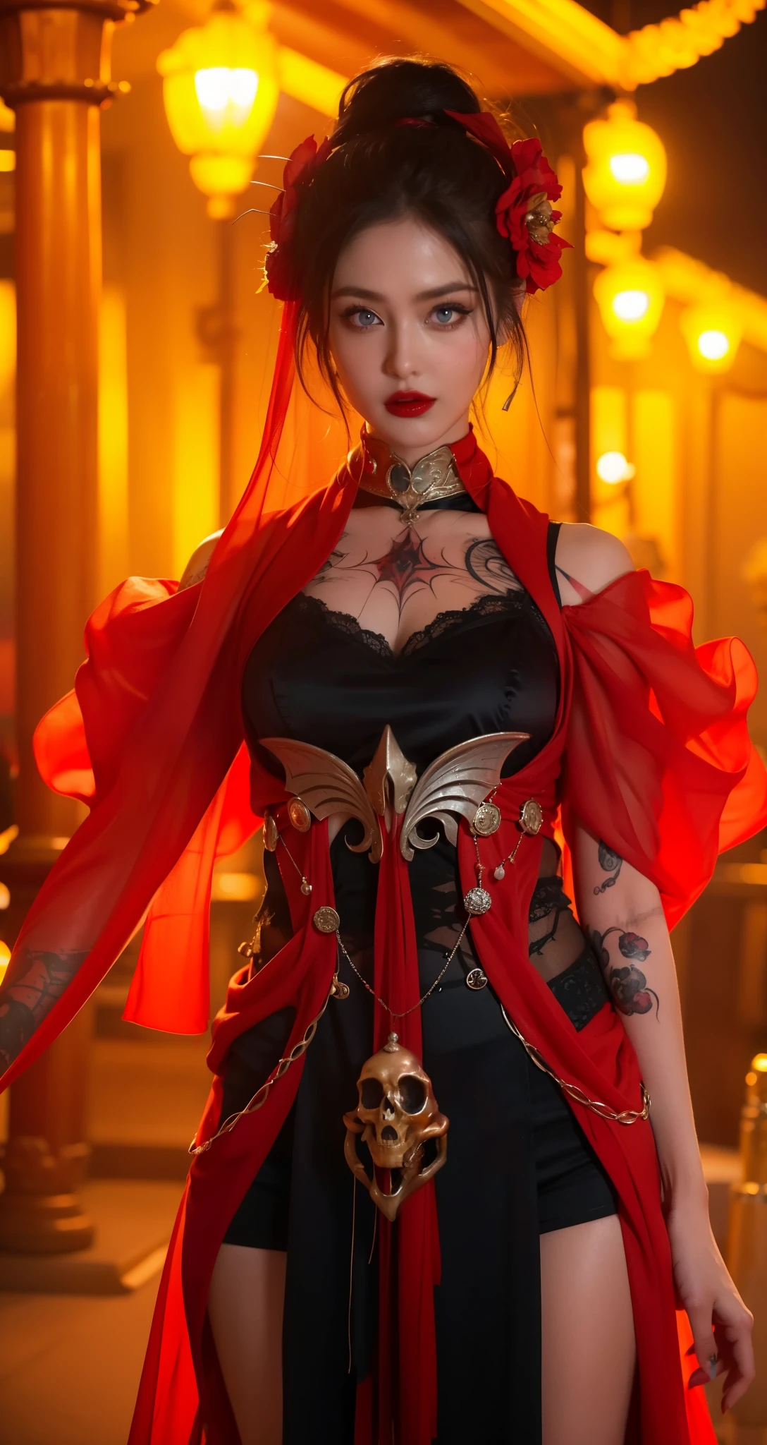 Detailed image quality，Pandora the Witch，wing, Succubus Theme，堕落Angel，Excellent，scary，Secret Terror，Tentacles，With eyes，Uncanny Valley Effect，Beast Blood Moon，skeleton，vampire，Hellfire，Dark Queen，Angel，magician magic witch，16岁Angel，Eyes are blue(Pupils as deep as the starry sky)，Gorgeous tattoo designs all over the body，Face photo(8K quality，Rich in details)，Dark eyeshadow，Sexy thick lips(Red lipstick)，Blurred eyes