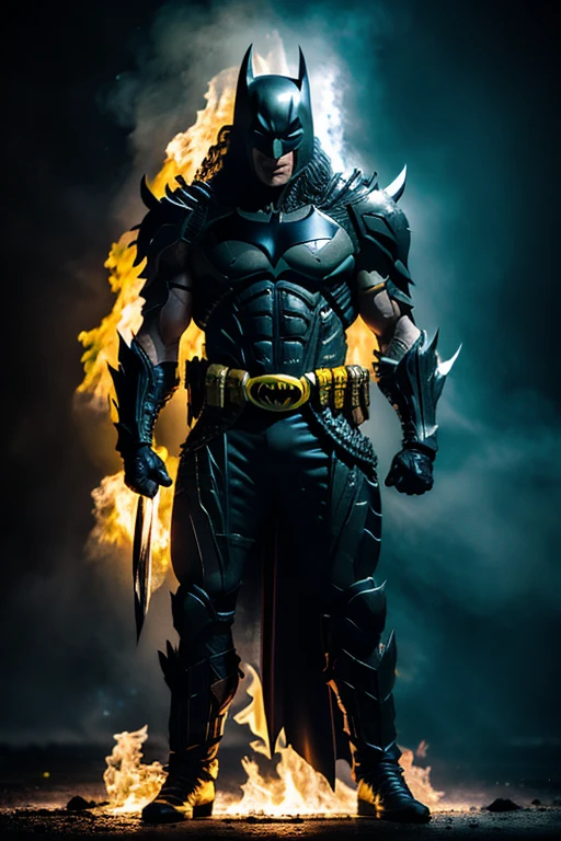 a combination of batman and predator from the film predator, wearing a metal head and face covering, standing proudly in a fighting pose, the background reflects a battle, flames are blazing.
