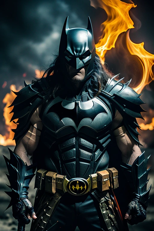 a combination of batman and predator from the film predator, wearing a metal head and face covering, standing proudly in a fighting pose, the background reflects a battle, flames are blazing.
