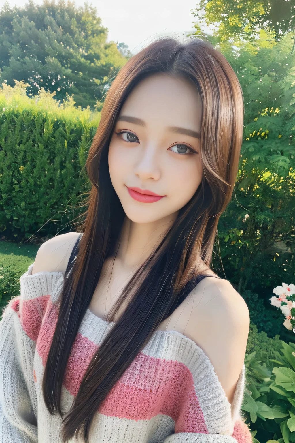 ((highest quality, 8K, masterpiece:1.3)), concentrated:1.2, Perfect body beauty:1.4, Hips:1.2, ((Delicate Hair)), (Colorful Solid Cold Shoulder Oversized Sweater、 :1.1) , ((highest quality、8K、masterpiece:1.3))、1 Girl、A sloppy smile、Esbian all over、Slim face、Big 、Beautiful woman、(Dark Brown Hair)、、1.1、Flickering Valley、Detailed eyes、double eyelid、Blurred Background、超Slim face、Looking down、garden、