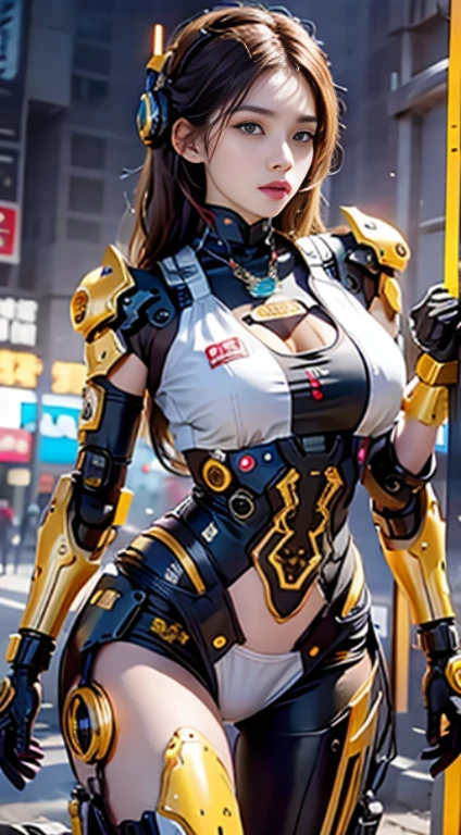 Virtual image,Realistic 8K images,hips up,Masterpiece,Complete Anatomy,Complete dynamic composition,morning sun,Light hits the front,young woman with long brown hair,With 4 arms,Tattoos on the upper arms and stomach,cybernetic robot((White-red-yellow-gold cyberpunk figure..)),Bikini body-,white tank top,The background of the large gears is deserted..