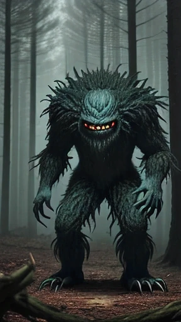 A monsters with one big eye and sharp nails standing in forest