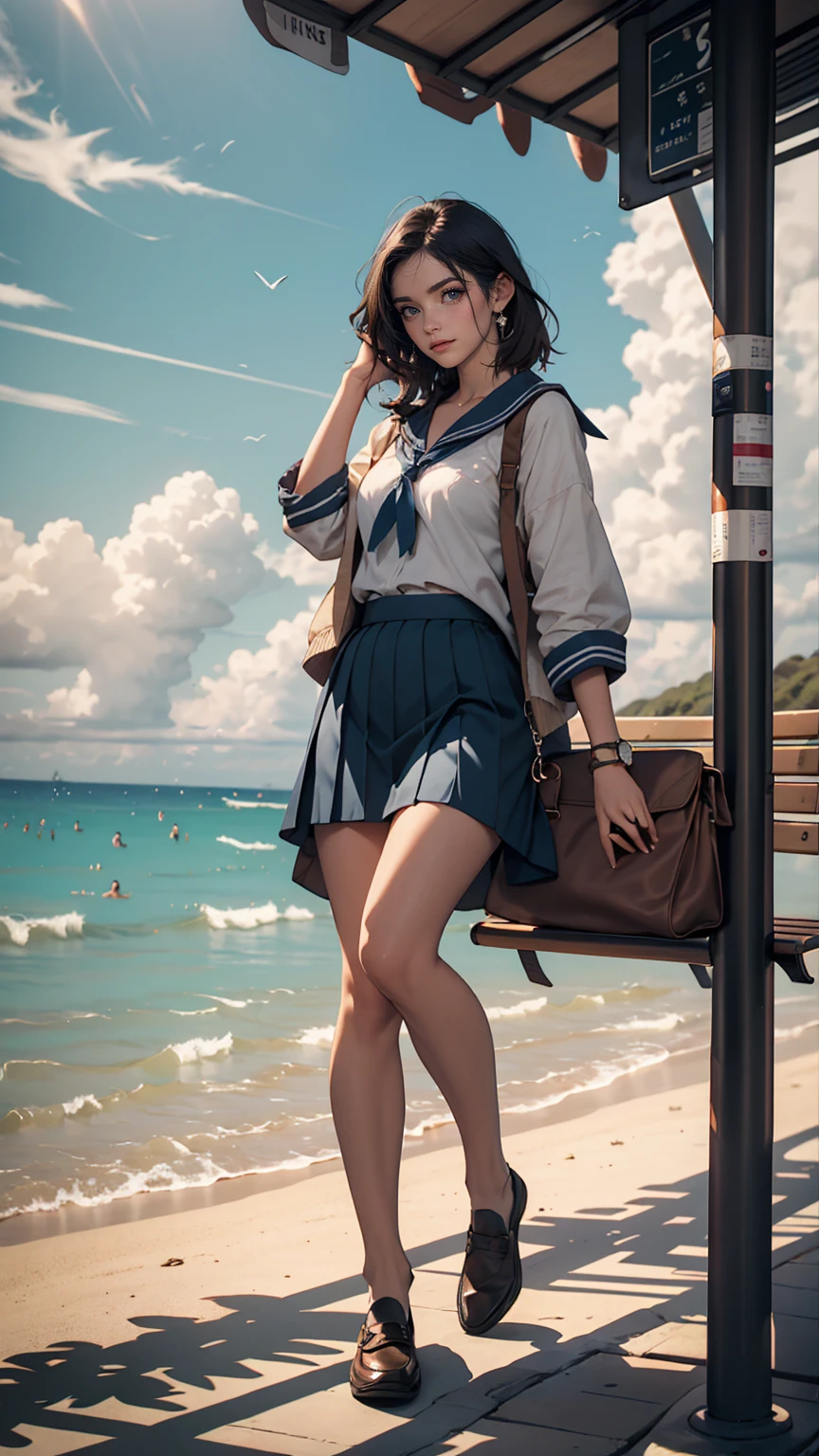 ((最high quality, 8K, masterpiece: 1.3, Ultra HD, high quality, 最high quality, High resolution, realism)) 、An extremely beautiful 18-year-old Japanese woman、hair color is black、Iriedium Hair、Straight Hair、smile、Fashion model body type、I want my head to stay off screen、Walk on a high seawall at the beach、I put my hand on my forehead and look at the sea、The blue sky is beautiful、There is an entrance cloud、It's summer、Sailor suit((Summer clothes))wear、Wear a navy blue pleated skirt、wear loafers、There is a bus stop that looks like a hut on the coastline road where you can see the ocean.、Sit on a bench at the bus stop、The sea breeze feels good