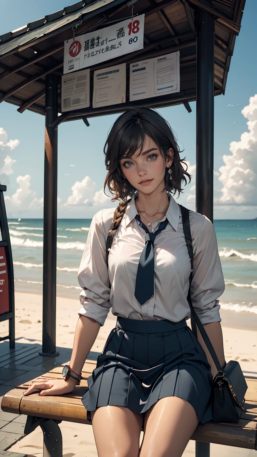 ((最high quality, 8K, masterpiece: 1.3, Ultra HD, high quality, 最high quality, High resolution, realism)) 、An extremely beautiful 18-year-old Japanese woman、hair color is black、Iriedium Hair、Straight Hair、smile、Fashion model body type、I want my head to stay off screen、Walk on a high seawall at the beach、I put my hand on my forehead and look at the sea、The blue sky is beautiful、There is an entrance cloud、It's summer、Sailor suit((Summer clothes))wear、Wear a navy blue pleated skirt、wear loafers、There is a bus stop that looks like a hut on the coastline road where you can see the ocean.、Sit on a bench at the bus stop、The sea breeze feels good