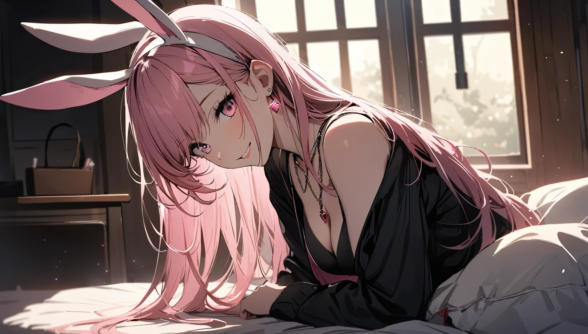 masterpiece, highest quality, Super fine, super fine, 4k, 8K, highest quality, beautiful, cute woman, alone, (beautiful pink hair, beautiful pink eyes, beautiful eyes, long hair, Bunny ears, smile),
Rest Room with cozy bed,
break prada, necklace, earrings, accessories, bag,
great lighting, bloom, Exceptional resolution, Super detailed, highest quality, High resolution, Audio Notes,