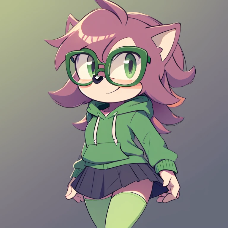 Female Mobian, Hedgehog (green color), messy hairstyle, big NERDY glasses, purple hoodie, grey skirt, 