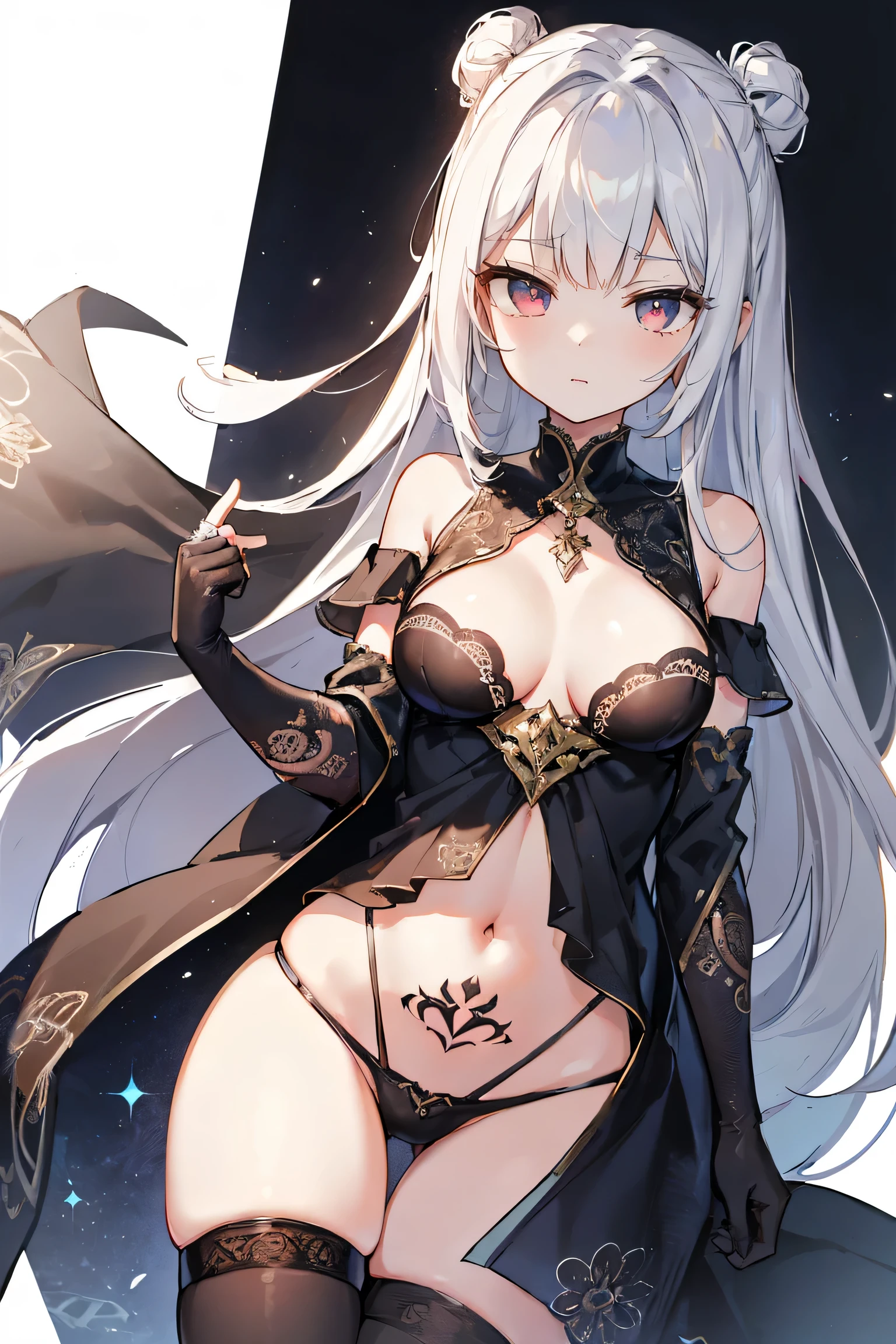 1girl, anime, cute girl, blank background, white background, fantasy, detailed fantasy dress with highlights, beautiful face, beautiful eyes, dark colors, black hair with multicolor streaks, red eye with different color pupil in eye, multicolor eye, medium breasts, slight cleavage, beautiful skin, cute, breast curtains, extremely delicate and beautiful, (beautiful detailed face:1.0), (detailed deep eyes), symmetrical breasts, deep eyes, shiny skin, portrait, slender waist, hips wider than shoulders, thighs, expressionless, young girl, luminous eyes, adorable，（Kpop idol）,（aegyo sal：1），（Platinum blonde hair：1），（（puffy eye）），Black panty，sexy posture，Superskirt, Ultra-high resolution，Black collar，slim figure, Abdominal y tattoo, womb tattoo，Tight-fitting leg ring，y tattoo on half-body，Bare skin, Armored hand，Hidden fingertips，Hand covered，Arm covered，Fist covered,{{beautiful detailed fingers}}, tufts of hair, moderate beautiful breast:1.0,(masterpiece:1.2), best quality, high-res, HDR, perfect face, intricate armor, delicate blue filigree, intricate filigree, red metalic parts, detailed part, dynamic pose, dynamic lights, cute face, neutral expression