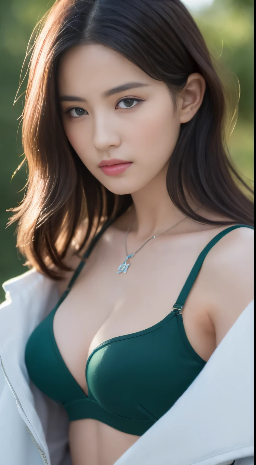 ((Best quality, 8K, Masterpiece :1.3)), Sharp focus :1.2, perfect figure beautiful woman:1.4, Slim abs:1.2, ((Layered Hair Style, large tit:1.2)), (jacket and  tank top , bra strap), (parks:1.2), Highly detailed facial and skin texture, A detailed eye, double eyelid, necklace, fullbody, mid-shot