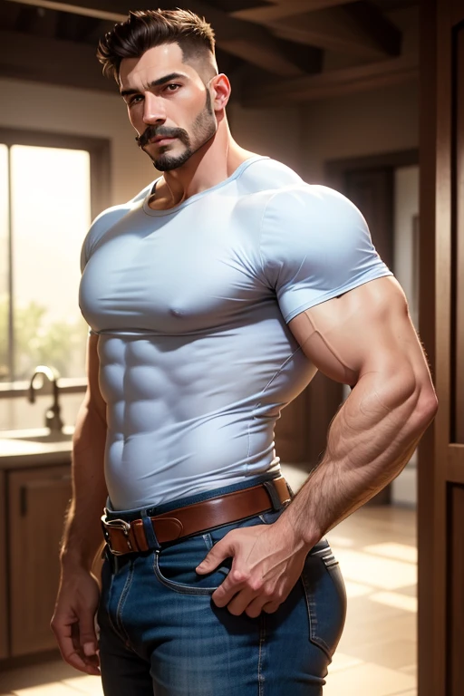 an incredibly handsome and attractive young man with big muscles, con bigote y barba corto, mustache, beard, Big muscular body , 40 years old with short dark blonde hair and light brown eyes., cuerpo completo, muy nalgon, angular jaw, Alto y muscular, vaqueros & Botas.  Muscular body, ((big butt)) White shirt,  blue white Jeans total backside crouched man