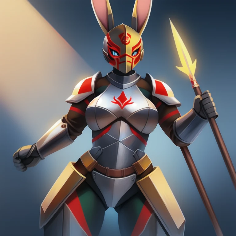solo, female, rabbit, yellow colored fur, anthropomorphic rabbit, steel armor with symbols and markings, wooden mask with green and red markings, holding spear