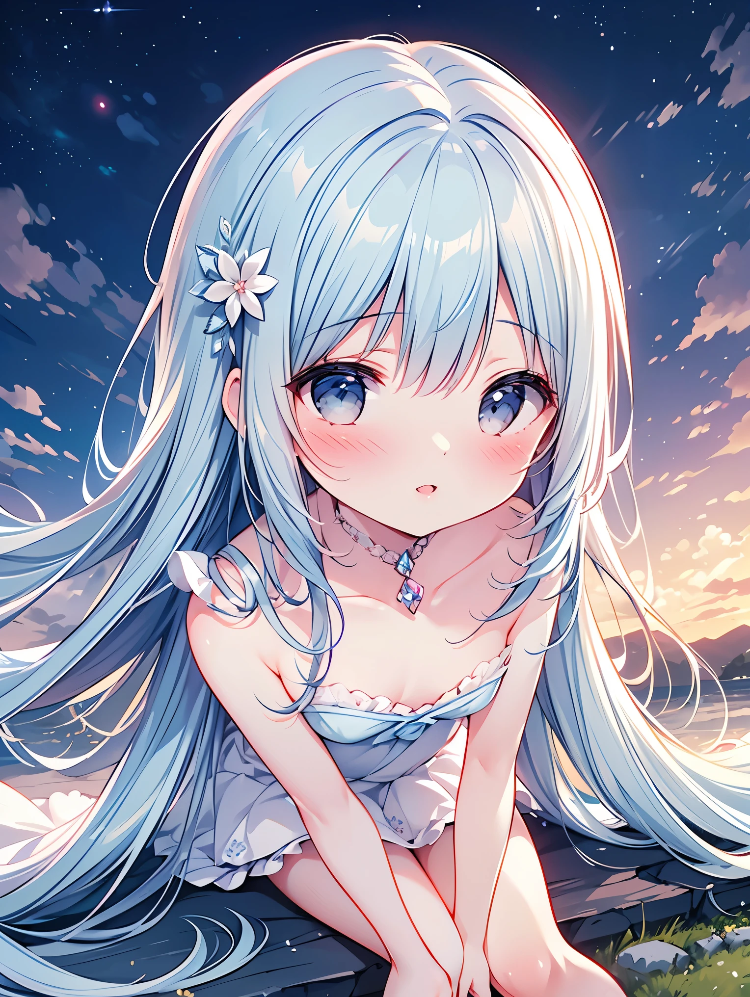 masterpiece, highest quality, Very detailed, (figure, Official Art: 1.1), 1 girl, ((light blue Long Hair))), Light blue hair, 10 years old, Long Hair ((blush)), Cute face, Big eyes, masterpiece, highest quality, ((Very delicate and beautiful girl))))), wonderful, Beautiful fine details, Blunt bangs ((((Little Delicate Girl)))), We say, Long Hair cute anime faces, Detailed light, parted lips, Shiny, Beautifully detailed face, Long Hair, pale Long Hair, smile, View your viewers, jewelry, lips, 

, Eilor Suit, (:1.1),  (blushする:1.0), Detailed face, roadside, Crouched View，Expose the inside of your legs，