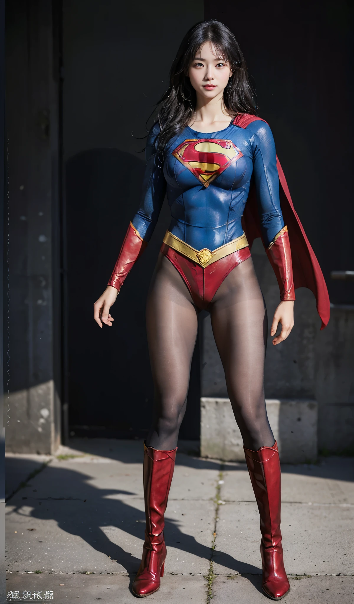 No background、(((Beautiful legs in black tights.)))、(((Legally express the beauty of your smile)))、((((Make the most of your original images)))、(((Supergirl Costume)))、(((Beautiful Hair)))、(((suffering)))、(((Please wear black tights....、Wear red boots)))、((Best image quality、8K))、((highest quality、8K、masterpiece:1.3))、(((Preserve background )))、Sharp focus:1.2、Beautiful woman with perfect figure:1.4、Thin abdominal muscles:1.2、Wet body:1.5、Highly detailed face and skin texture、8K