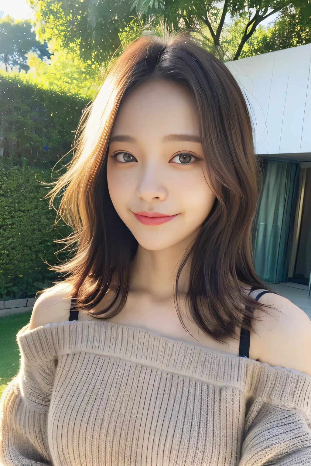 ((highest quality, 8K, masterpiece:1.3)), concentrated:1.2, Perfect body beauty:1.4, Hips:1.2, ((Delicate Hair)), (Colorful Solid Cold Shoulder Oversized Sweater、 :1.1) , ((highest quality、8K、masterpiece:1.3))、1 Girl、A sloppy smile、Esbian all over、Slim face、Big 、Beautiful woman、(Dark Brown Hair)、、1.1、Flickering Valley、Detailed eyes、double eyelid、Blurred Background、超Slim face、Looking down、garden、