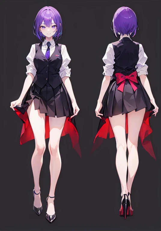 ((Perfect Face)),Purple Hair,short hair,1 female,,,Black vest,A shirt with rolled up sleeves,tie,skirt,slit,High heels,,((Simple Background)),((smile)),((Full Body)),((full body)),Character portrait,Character sheet,upright,