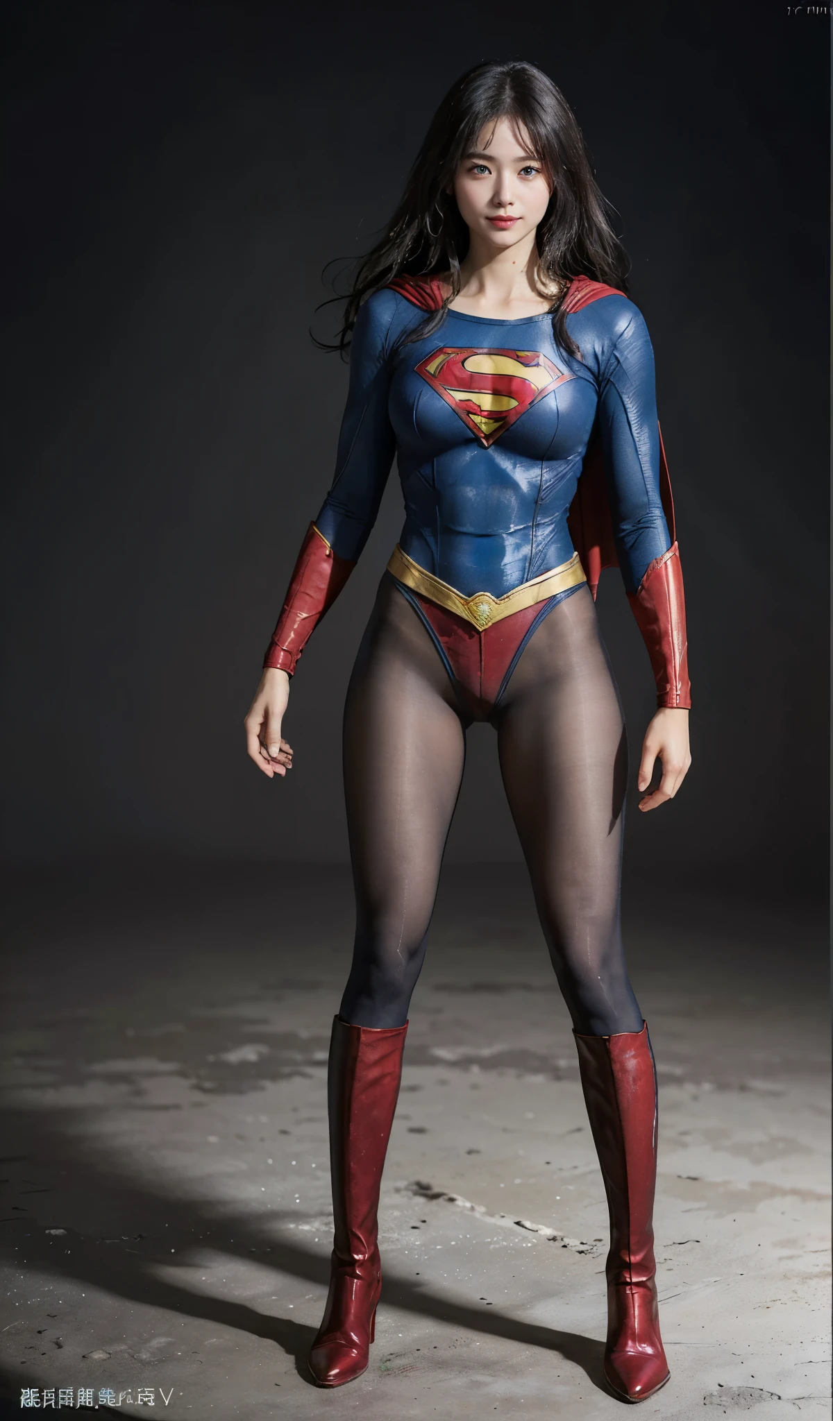 No background、(((Beautiful legs in black tights.)))、(((Legally express the beauty of your smile)))、((((Make the most of your original images)))、(((Supergirl Costume)))、(((Beautiful Hair)))、(((suffering)))、(((Please wear black tights....、Wear red boots)))、((Best image quality、8K))、((highest quality、8K、masterpiece:1.3))、(((Preserve background )))、Sharp focus:1.2、Beautiful woman with perfect figure:1.4、Thin abdominal muscles:1.2、Wet body:1.5、Highly detailed face and skin texture、8K