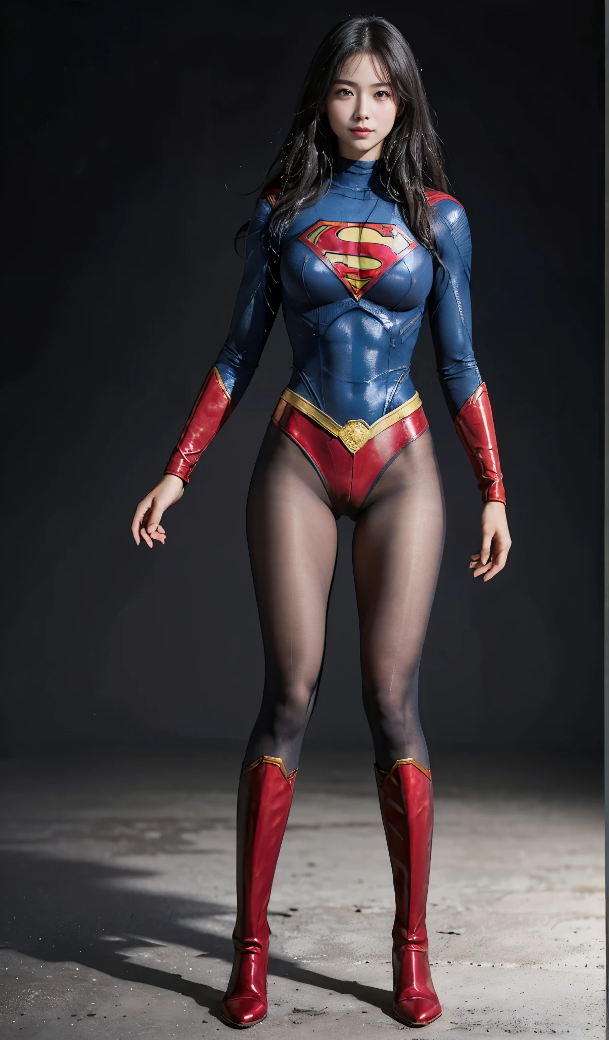 No background、(((Beautiful legs in black tights.)))、(((Legally express the beauty of your smile)))、((((Make the most of your original images)))、(((Supergirl Costume)))、(((Beautiful Hair)))、(((suffering)))、(((Please wear black tights....、Wear red boots)))、((Best image quality、8K))、((highest quality、8K、masterpiece:1.3))、(((Preserve background )))、Sharp focus:1.2、Beautiful woman with perfect figure:1.4、Thin abdominal muscles:1.2、Wet body:1.5、Highly detailed face and skin texture、8K