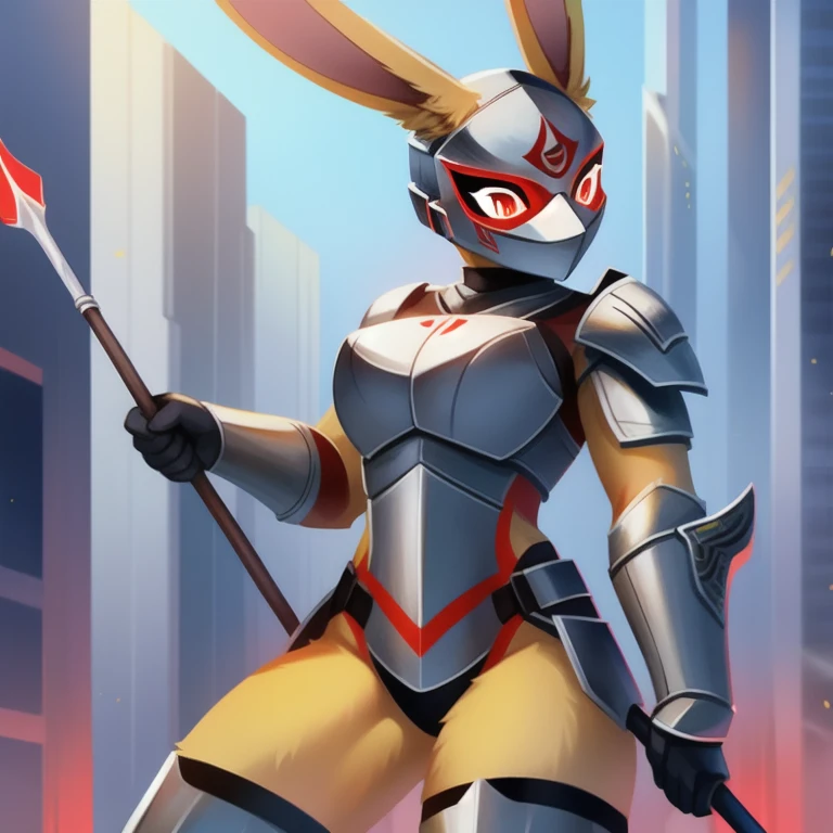 solo, female, rabbit, yellow colored fur, anthropomorphic rabbit, steel armor with symbols and markings, wooden mask with green and red markings, holding spear