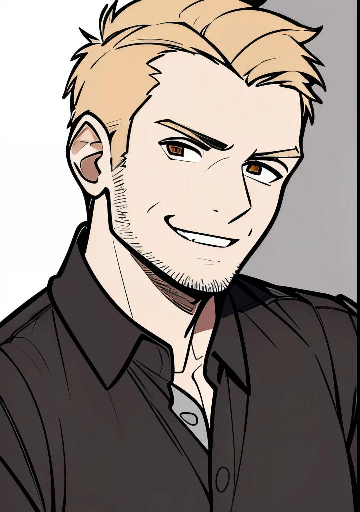 One 45 year old Adult male, brownish blonde short hair parted down the middle, side burns, stubble, brown eyes, cocky overconfident and murderous expression, shit eating grin, wearing white collared shirt, portrait style, facing forwards, plain grey background 