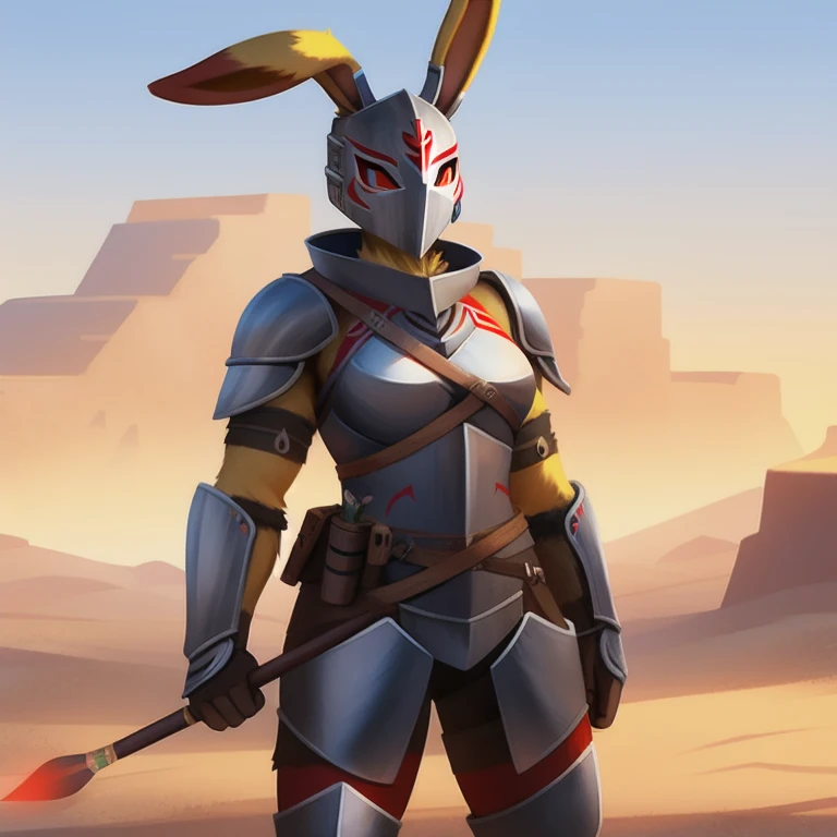 solo, female, rabbit, yellow colored fur, anthropomorphic rabbit, steel armor with symbols and markings, wooden mask with green and red markings, holding spear, tribal