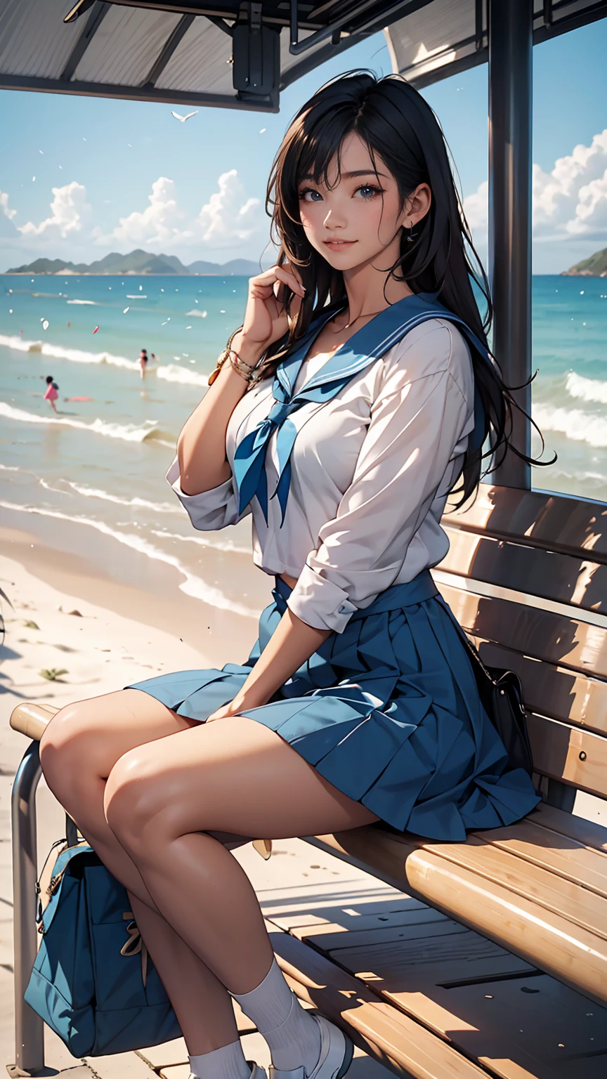 ((最high quality, 8K, masterpiece: 1.3, Ultra HD, high quality, 最high quality, High resolution, realism)) 、An extremely beautiful 18-year-old Japanese woman、hair color is black、Iriedium Hair、Straight Hair、smile、Fashion model body type、I want my head to stay off screen、Walk on a high seawall at the beach、I put my hand on my forehead and look at the sea、The blue sky is beautiful、There is an entrance cloud、It's summer、Sailor suit((Summer clothes))wear、Wear a navy blue pleated skirt、wear loafers、There is a bus stop that looks like a hut on the coastline road where you can see the ocean.、Sit on a bench at the bus stop、The sea breeze feels good