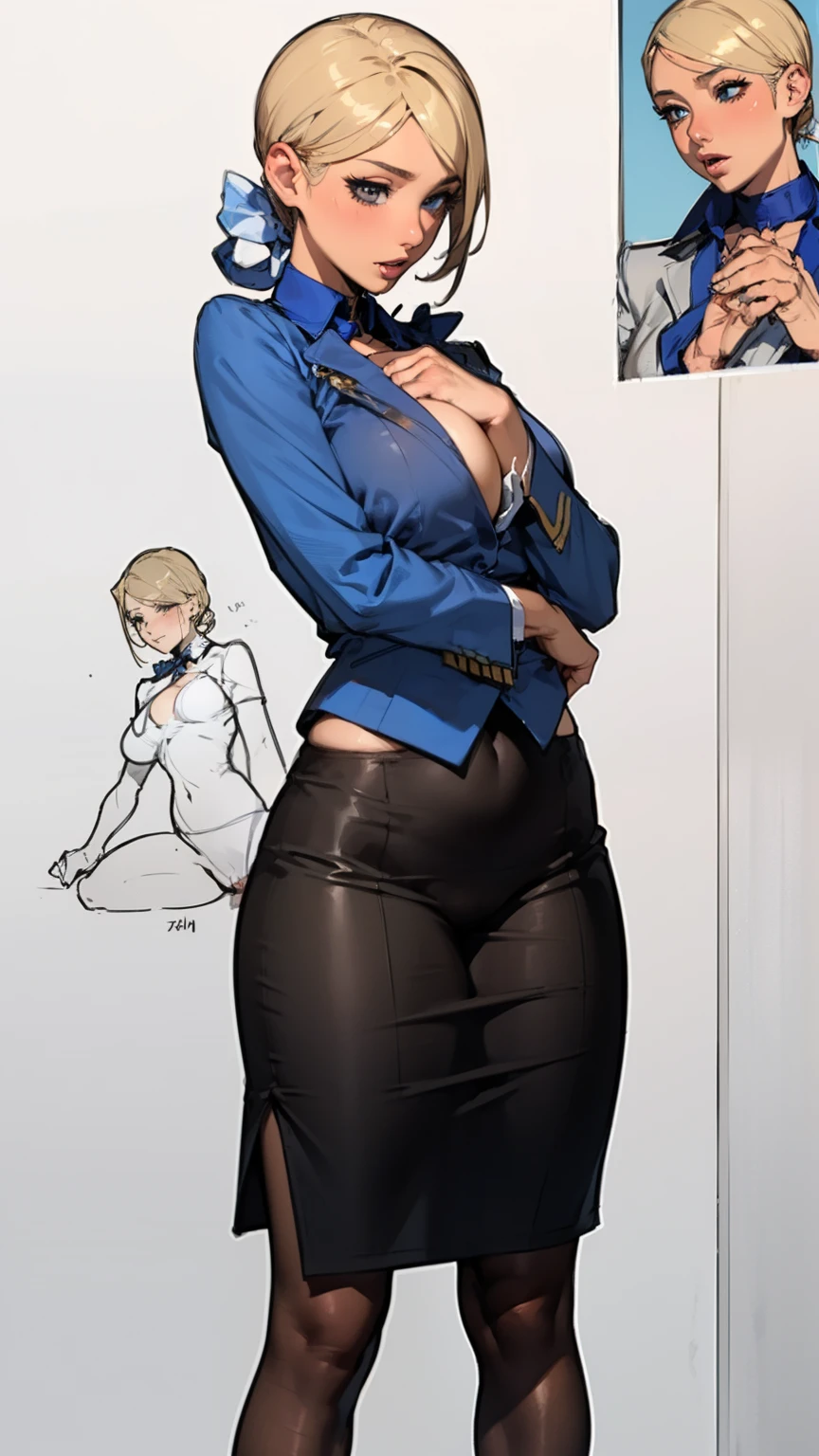 ((masterpiece)),(((best quality))),((character design sheet)),((rough sketch)),((vulgar)),thick thighs,1girl,blond hair,big ,((between breasts)),pussy juice,wearing an Wet sexual stewardess uniform and soccer shoes,milking