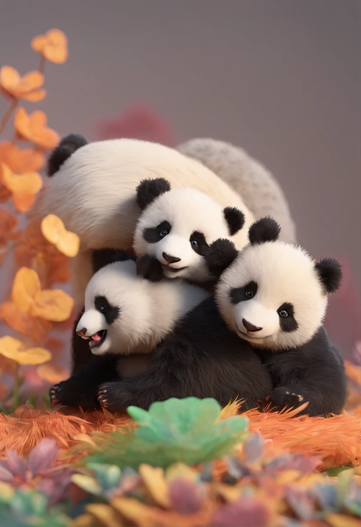 4KCute panda mother with cute furry panda cubs rolled up realistically on white background, Detailed fur texture, Quiet and natural mood, Soft lighting. ●AR4:5 - sec 400 - rainbow 5