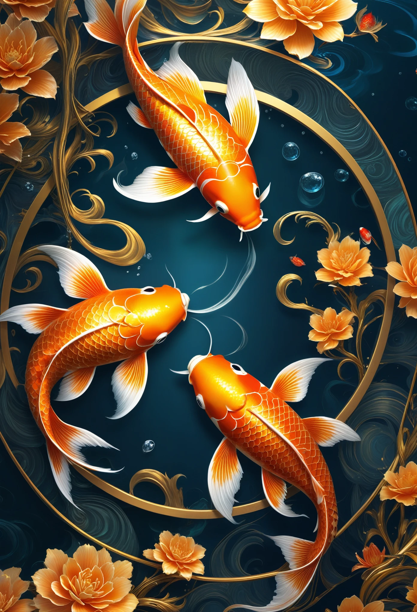 ((Best quality at best)), ((tmasterpiece)), ((k hd)), ((A high resolution)), ((Perfect artwork)),There are only two identical koi fish in a circle,3d effect, (atmosphere: a gorgeous, splendor, mysterious background: The halo, Holy, kinakoen dragons), (the detail, closeup cleavage, kinako)