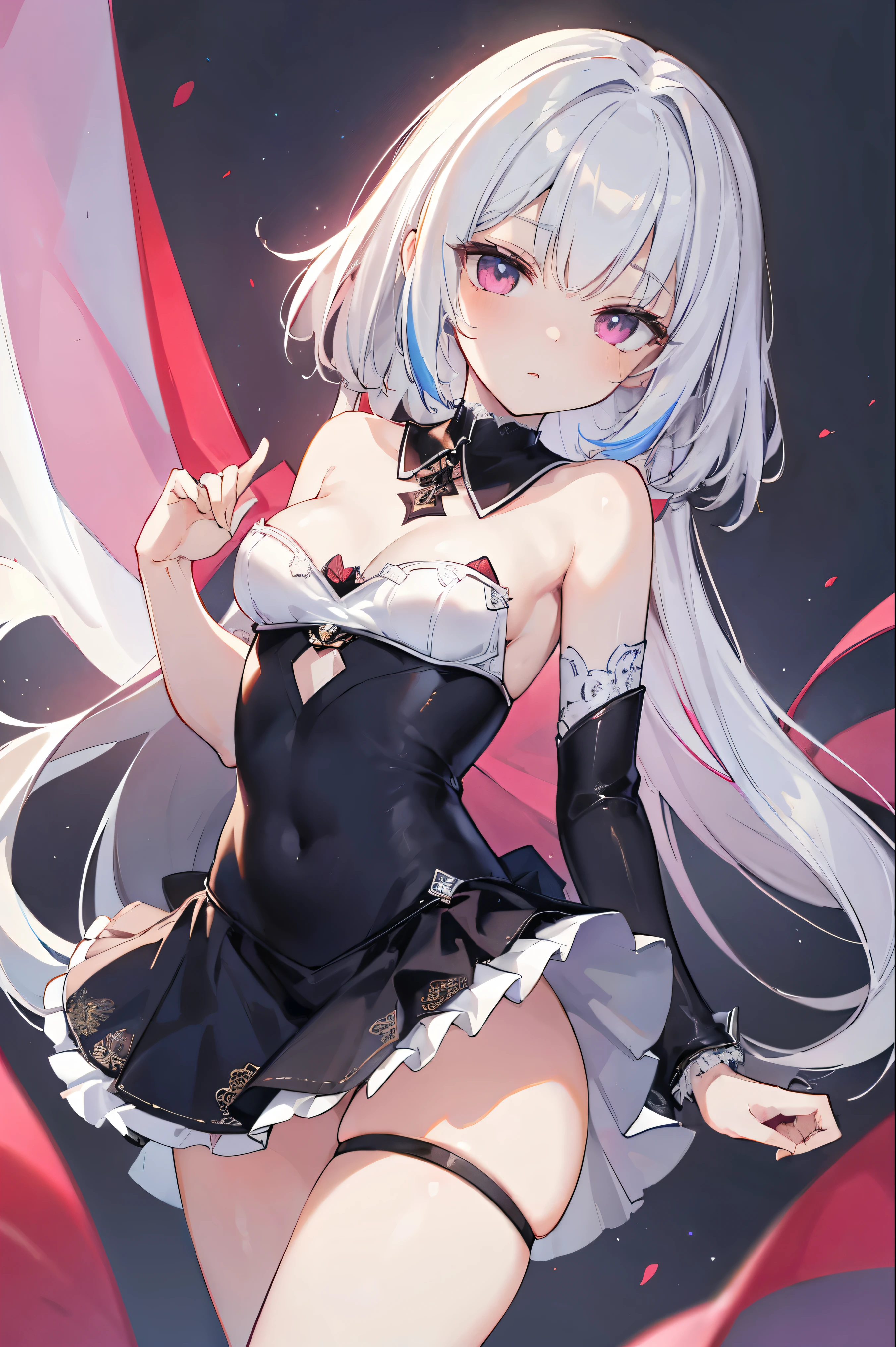 1girl, anime, cute girl, blank background, white background, fantasy, detailed fantasy dress with highlights, beautiful face, beautiful eyes, dark colors, black hair with multicolor streaks, red eye with different color pupil in eye, multicolor eye, medium breasts, slight cleavage, beautiful skin, cute, breast curtains, extremely delicate and beautiful, (beautiful detailed face:1.0), (detailed deep eyes), symmetrical breasts, deep eyes, shiny skin, portrait, slender waist, hips wider than shoulders, thighs, expressionless, young girl, luminous eyes, adorable，（Kpop idol）,（aegyo sal：1），（Platinum blonde hair：1），（（puffy eye）），Black panty，sexy posture，Superskirt, Ultra-high resolution，Black collar，slim figure, Abdominal y tattoo, womb tattoo，Tight-fitting leg ring，y tattoo on half-body，Bare skin, Armored hand，Hidden fingertips，Hand covered，Arm covered，Fist covered,{{beautiful detailed fingers}}, tufts of hair, moderate beautiful breast:1.0,(masterpiece:1.2), best quality, high-res, HDR, perfect face, intricate armor, delicate blue filigree, intricate filigree, red metalic parts, detailed part, dynamic pose, dynamic lights, cute face, neutral expression