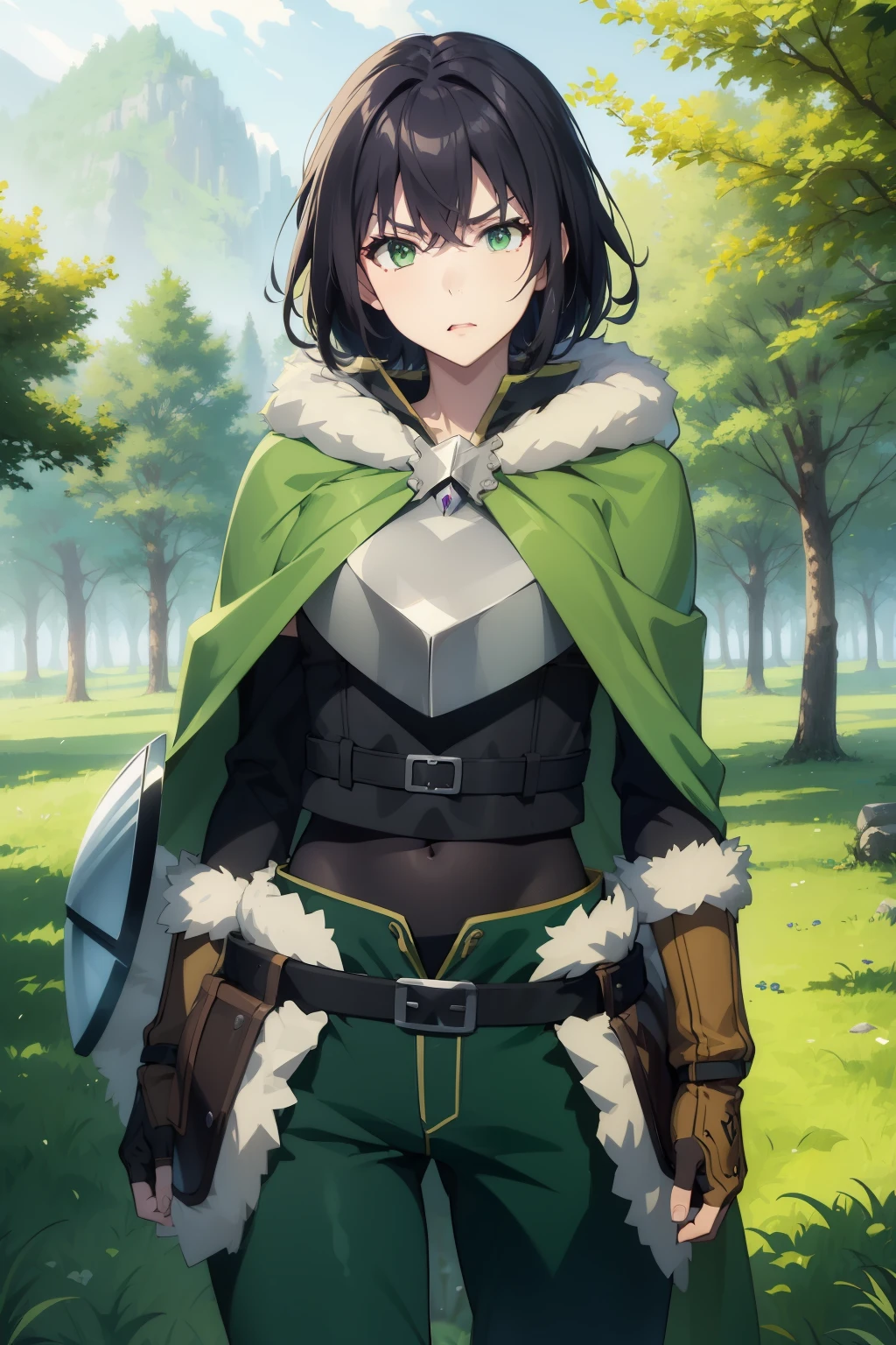 (masterpiece), best quality, expressive eyes, perfect face, highres, 1 girl, solo, (female body:1.3), iwatani naofumi girl , angry , black hair, green eyes, fur trim, armor, green cape, pants, fingerless gloves, outdoor , shield , forest, trees, standing, portrait, 