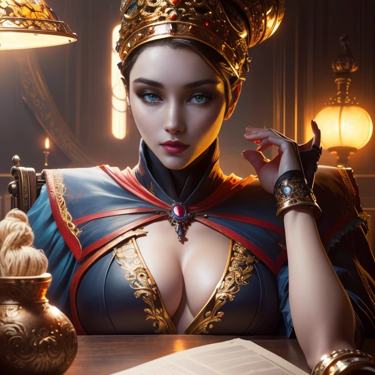 Rennala - Elden Ring, sitting at a table, ig model | artgerm, extremely detailed artgerm, hyperrealistic fantasy art, artwork in the style of guweiz, artgerm and wlop, wlop and artgerm, alena aenami and artgerm, artgerm. anime illustration, dark moody atmosphere, moon in the background.