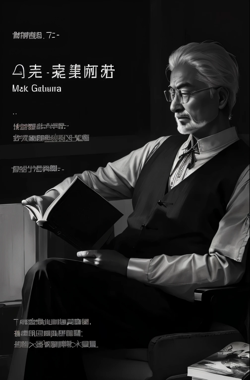 Arafad image of a man sitting on a chair reading a book, mark, Inspired by Wang Guxiang, Inspired by Huang Guangjian, he is about 70 years old, Chiba Yudai, He is about 60 years old, He is about 60 years old, gary, Petracles, Good composition