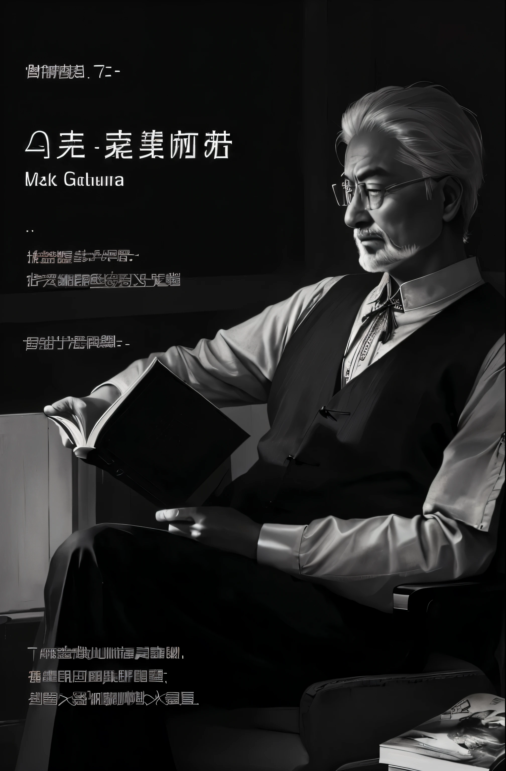 Arafad image of a man sitting on a chair reading a book, mark, Inspired by Wang Guxiang, Inspired by Huang Guangjian, he is about 70 years old, Chiba Yudai, He is about 60 years old, He is about 60 years old, gary, Petracles, Good composition