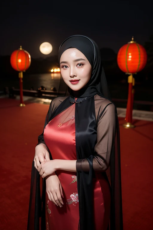 Masterpiece, Best, Night, Full Moon, Indonesian girl, wearing hijab, Chinese style transparent satin dress, Older Sister, Voluptuous expression, sweet smile, girl in red and black mix hijab, Pale Pink Lips, Intellectual, see-through dress, ball background flowers, view of the heavenly palace