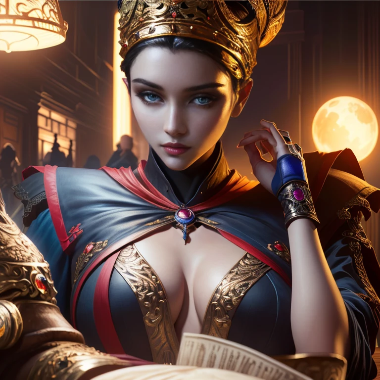 Rennala - Elden Ring, short black hair, blue eyes, sitting at a table, ig model | artgerm, extremely detailed artgerm, hyperrealistic fantasy art, artwork in the style of guweiz, artgerm and wlop, wlop and artgerm, alena aenami and artgerm, artgerm. anime illustration, dark moody atmosphere, moon in the background.