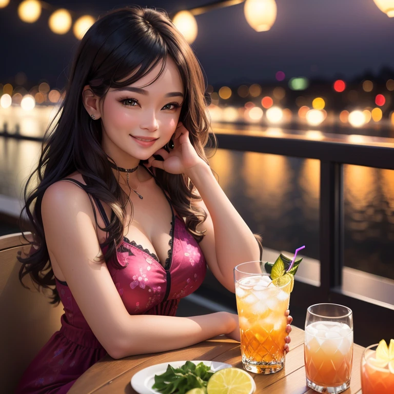 smiling woman sitting at a table with a drink in a glass, at night time, candid picture, at the terrace, candid photo, with a figure in the background, with glowing lights at night, having a great time, comfy ambience, having a good time, not blurry, at night, 🤬 🤮 💕 🎀, candid photography, slightly blurred