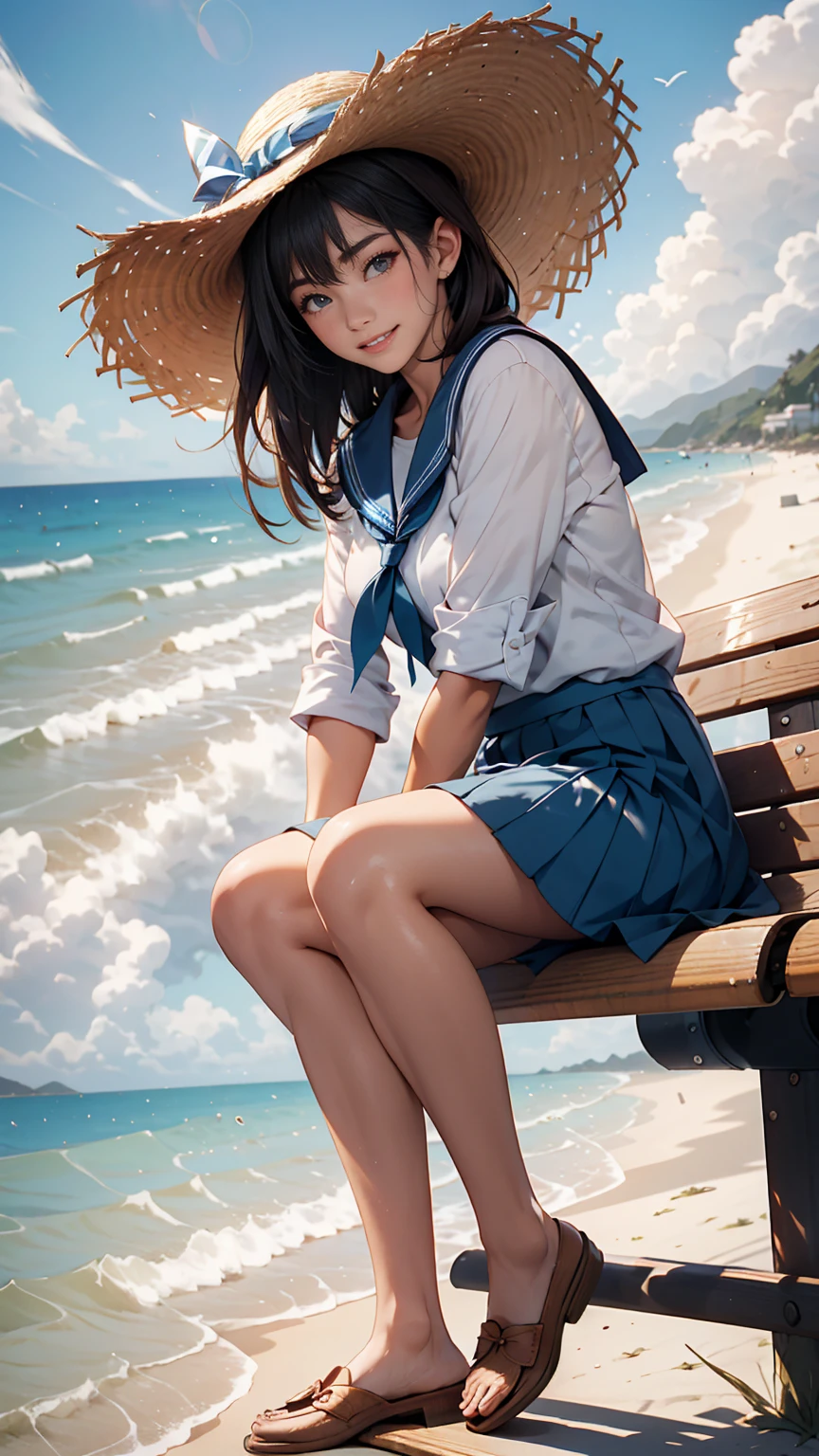 ((最high quality, 8K, masterpiece: 1.3, Ultra HD, high quality, 最high quality, High resolution, realism)) 、An extremely beautiful 18-year-old Japanese woman、hair color is black、Iriedium Hair、Straight Hair、smile、Fashion model body type、I want my head to stay off screen、Walk on a high seawall at the beach、I put my hand on my forehead and look at the sea、The blue sky is beautiful、There is an entrance cloud、It's summer、Sailor suit((Summer clothes))wear、Wear a navy blue pleated skirt、wear loafers、There is a bus stop that looks like a hut on the coastline road where you can see the ocean.、Sit on a bench at the bus stop、The sea breeze feels good