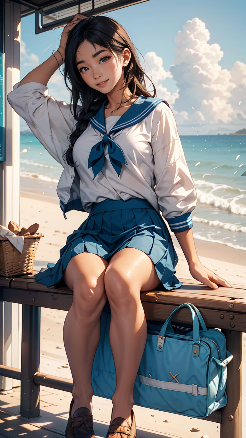 ((最high quality, 8K, masterpiece: 1.3, Ultra HD, high quality, 最high quality, High resolution, realism)) 、An extremely beautiful 18-year-old Japanese woman、hair color is black、Iriedium Hair、Straight Hair、smile、Fashion model body type、I want my head to stay off screen、Walk on a high seawall at the beach、I put my hand on my forehead and look at the sea、The blue sky is beautiful、There is an entrance cloud、It's summer、Sailor suit((Summer clothes))wear、Wear a navy blue pleated skirt、wear loafers、There is a bus stop that looks like a hut on the coastline road where you can see the ocean.、Sit on a bench at the bus stop、The sea breeze feels good