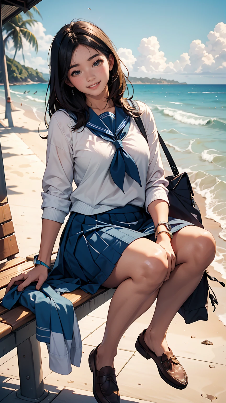 ((最high quality, 8K, masterpiece: 1.3, Ultra HD, high quality, 最high quality, High resolution, realism)) 、An extremely beautiful 18-year-old Japanese woman、hair color is black、Iriedium Hair、Straight Hair、smile、Fashion model body type、I want my head to stay off screen、Walk on a high seawall at the beach、I put my hand on my forehead and look at the sea、The blue sky is beautiful、There is an entrance cloud、It's summer、Sailor suit((Summer clothes))wear、Wear a navy blue pleated skirt、wear loafers、There is a bus stop that looks like a hut on the coastline road where you can see the ocean.、Sit on a bench at the bus stop、The sea breeze feels good