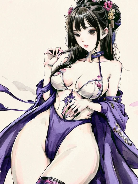 (masterpiece, highest quality: 1.2), Chinese traditional ink painting, 1 girl,(Large Breasts、Big 、Big Tits房、Big Tits) Chinese intricate embroidered costume ,Decorative micro bikini ,(Cleavage exposure、Arm out exposure、Navel exposure、Thigh exposure)Garter Stockings、 (smile), Looking at the audience,