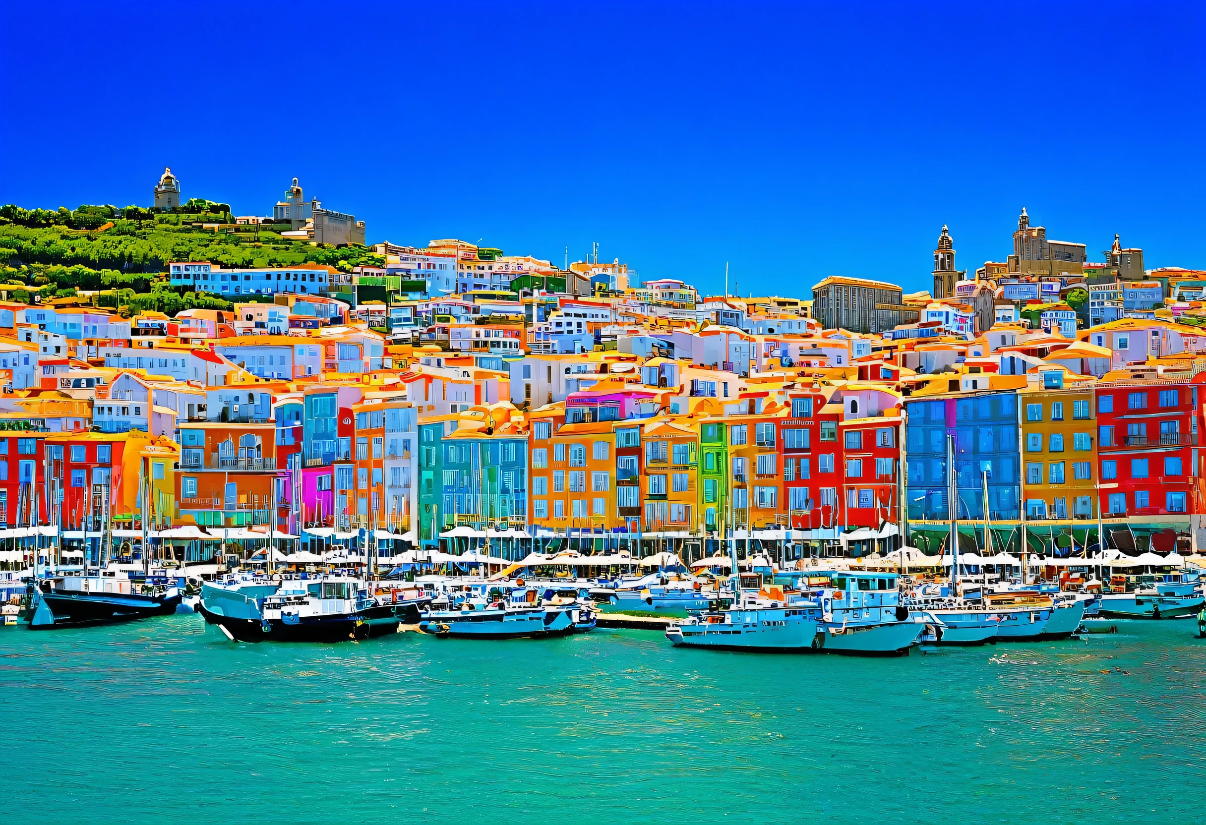 Ships anchored in the harbor with the city in the background, city of pristine colors, port, Spain, View from the harbor, port city, Beautiful images, Brightly colored buildings, Colorful Buildings, Vibrant and dynamic, portugal, Waterfront House, Full Color, Great images, small port village, Surrounding the city, Colorful, Enhanced Photo, Hall々And, Colorful home