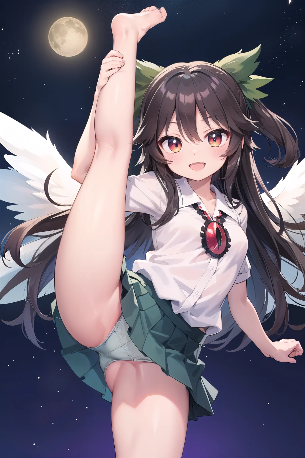 (((((whole body)))))、Utsuho、Green pleated skirt、smile,、Cowboy Shot、 standing on one leg ,leg_lift,panties,standing_split、