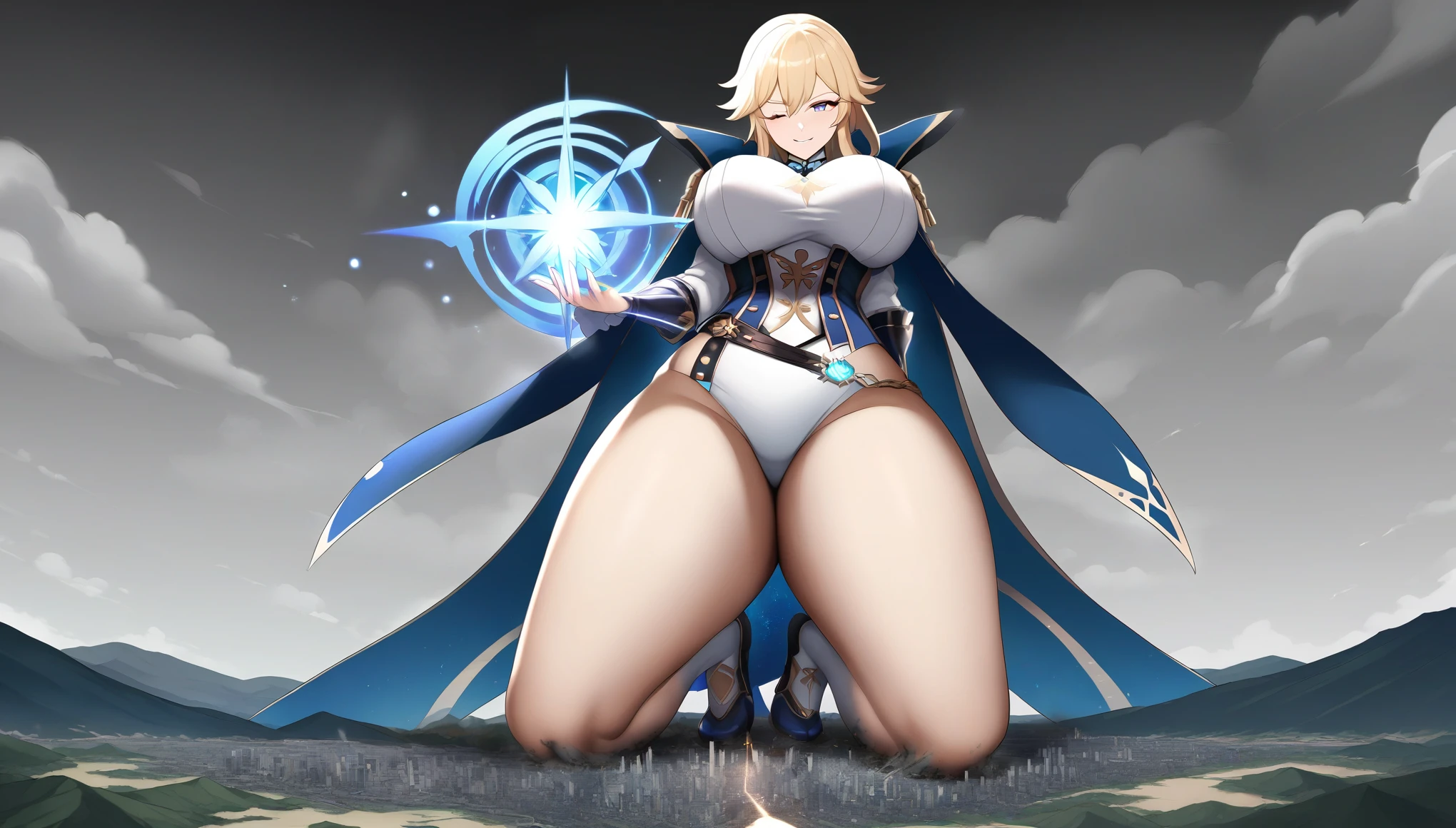 a girl using blue magic,jean genshin impact,(jk huge tits),milf,mature female,curvy body,good detail,one eye closed,giga size,taller then a mountain,looming over a city,destruction,magic,mystical,beautiful,seductive smile,temptation,shining eyes,shadow over city,full body,destroyed cities