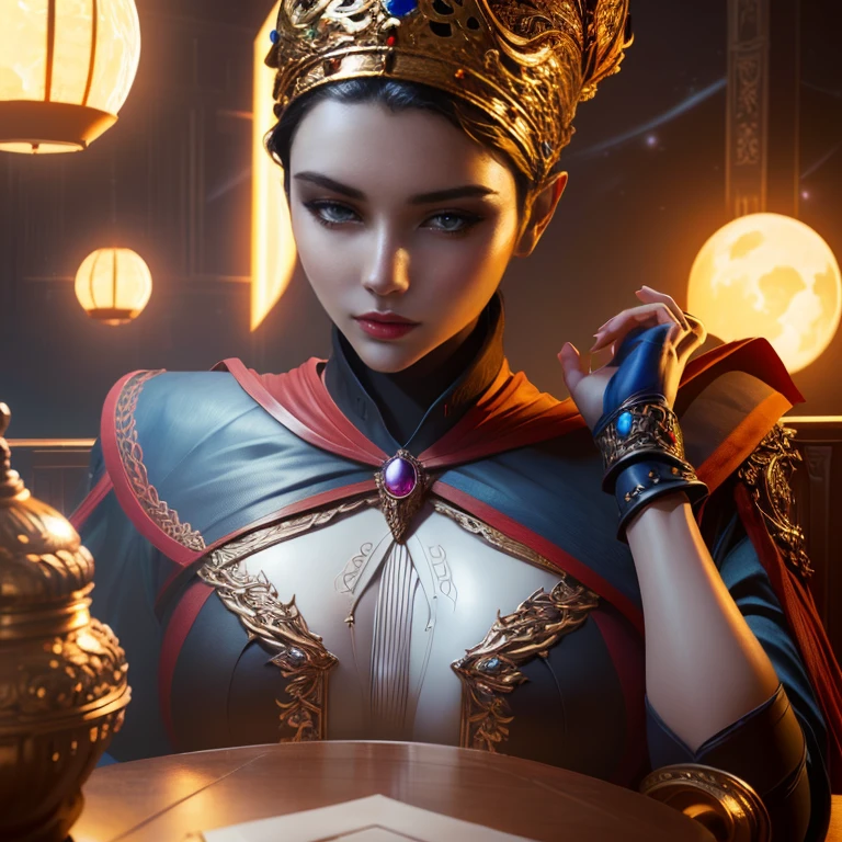 Rennala - Elden Ring,  short black hair, blue eyes, sitting at a table, ig model | artgerm, extremely detailed artgerm, hyperrealistic fantasy art, artwork in the style of guweiz, artgerm and wlop, wlop and artgerm, alena aenami and artgerm, artgerm. anime illustration, dark moody atmosphere, moon in the background, outside, nighttime, stars, lake view