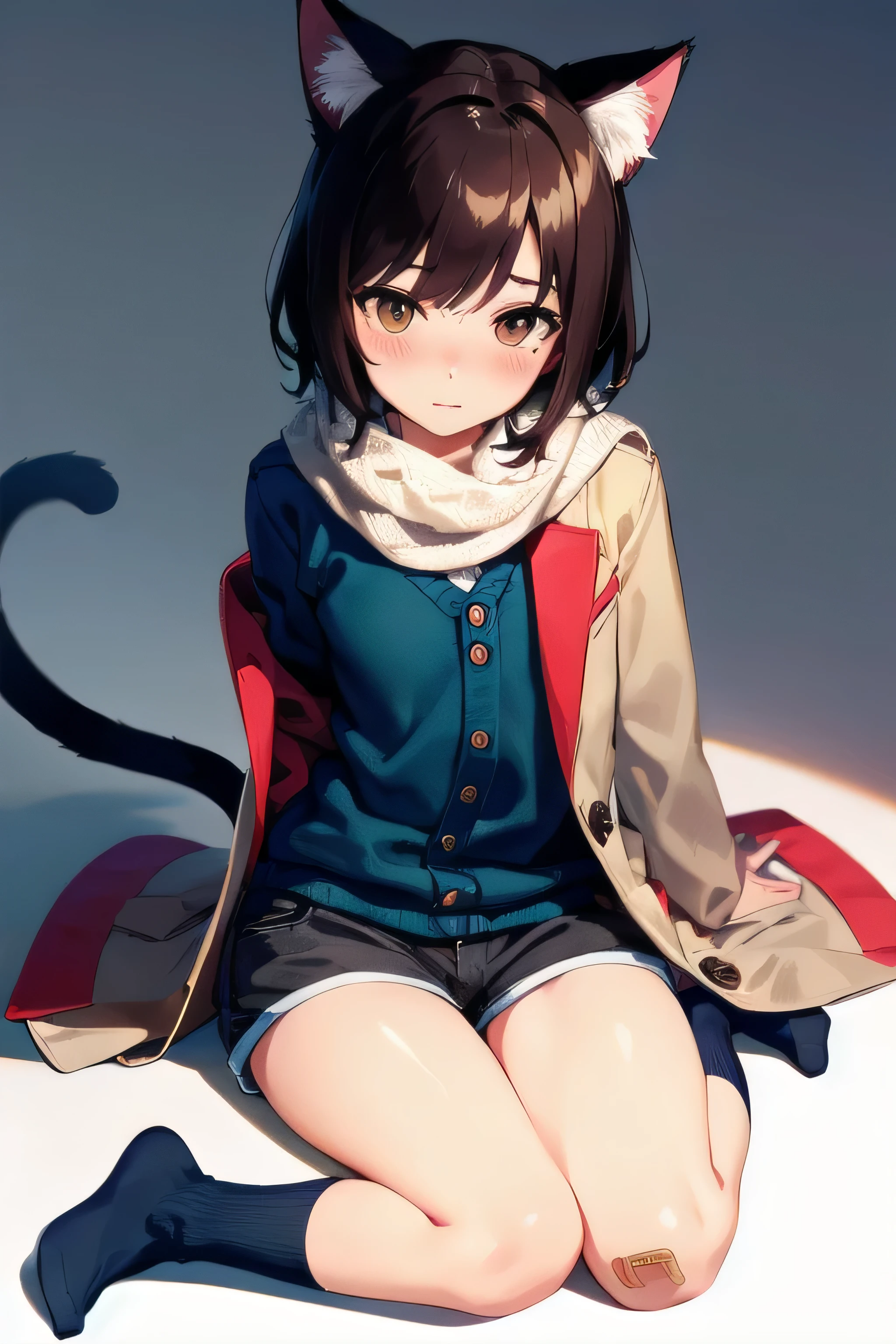 masterpiece, top quality, super detailed, CG illustration, high resolution, better lighting, best shadows, very delicate and beautiful, proper shading, hd, 8k,solo, looking at viewer, blush, simple background, brown hair, 1boy, white background, animal ears, tail, full body, male focus, shorts, socks, cat ears, scarf, coat, cat tail, bandaid, male , cat boy