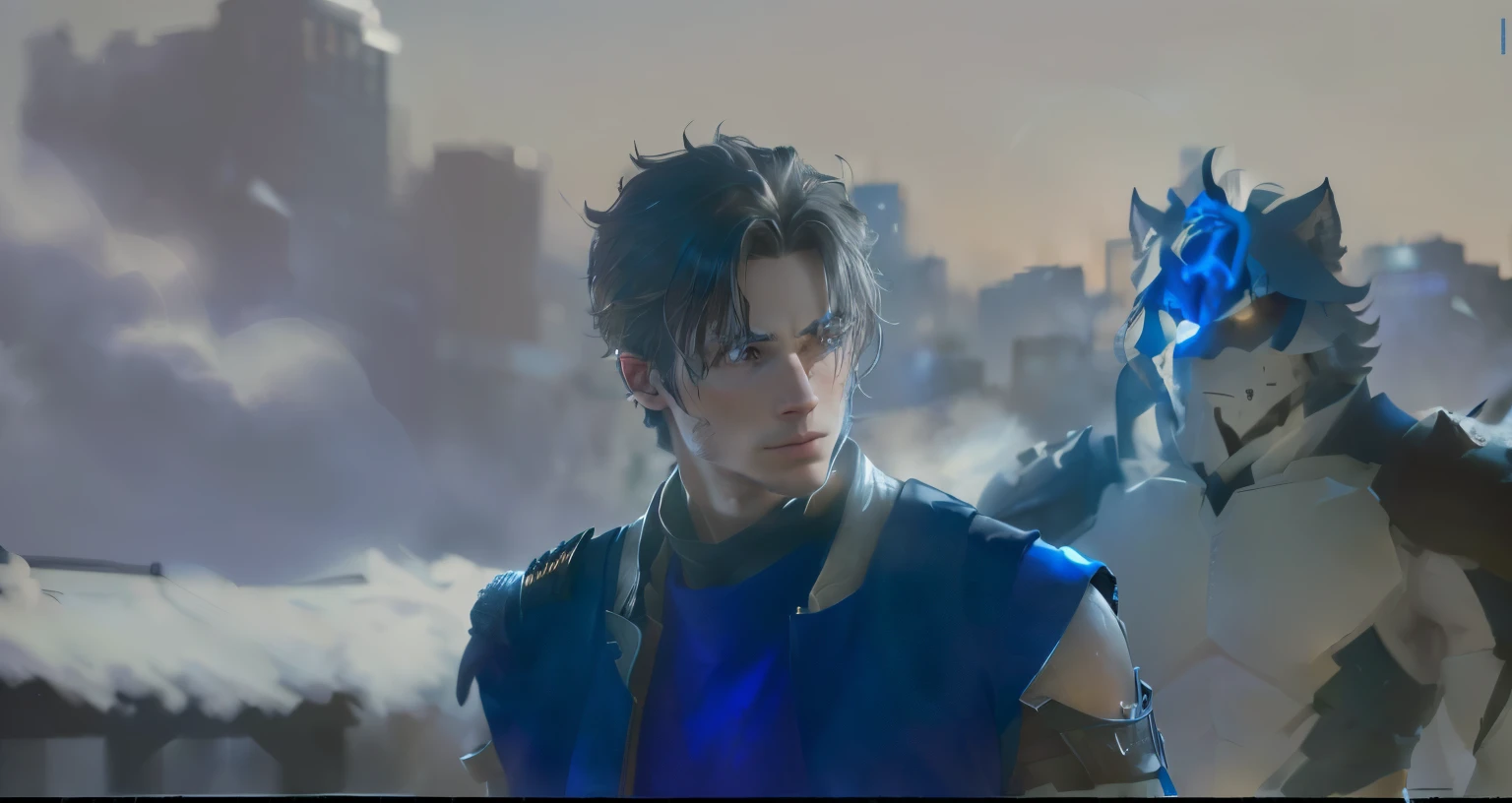 (best quality,4k,highres:1.2),ultra-detailed,(realistic:1.37)
James Herondale, detailed face and expression, strong and charming, young with tousled black hair, piercing and intense blue eyes, defined cheekbones, and a hint of a smile,
tall and lean frame, holding a seraph blade,
wearing Shadowhunter gear, black leather jacket, adorned with various runes,
surrounded by a faint glow of angelic radiance,
in the midst of a battle against demons,
standing on a rooftop with a city skyline in the background,
with moonlight casting a pale glow on the scene,
conveying a sense of determination and courage,
in the style of concept art,
with vibrant colors and contrasting shadows,
highlighting the mystical and supernatural elements,
with intricate attention to detail,
bringing the character to life in a realistic and captivating manner.