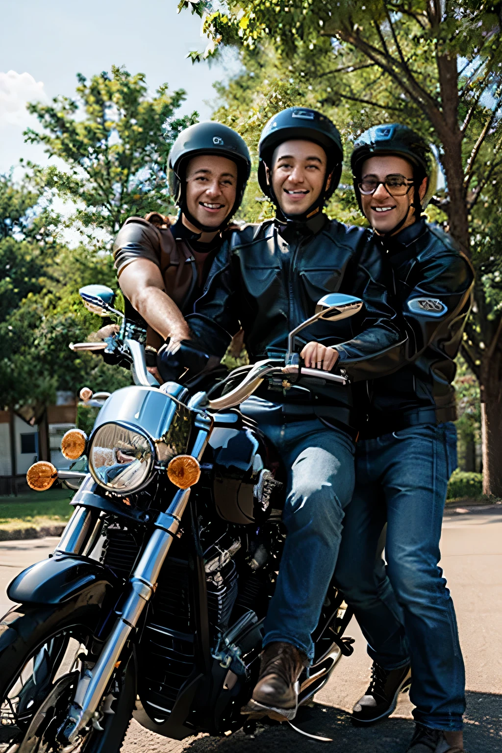 3 guys on motorcycles, tight together