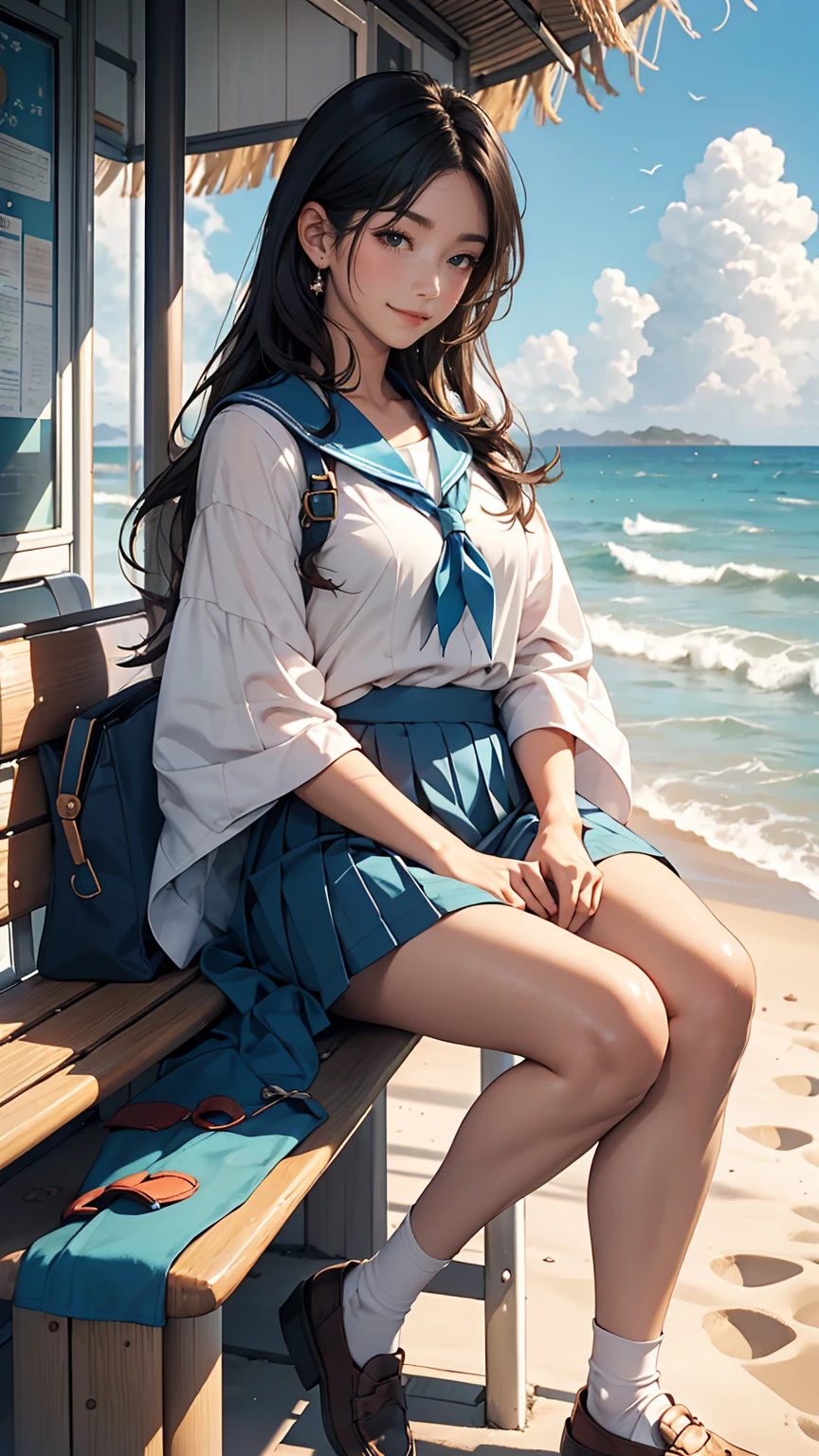 ((最high quality, 8K, masterpiece: 1.3, Ultra HD, high quality, 最high quality, High resolution, realism)) 、An extremely beautiful 18-year-old Japanese woman、hair color is black、Iriedium Hair、Straight Hair、smile、Fashion model body type、I want my head to stay off screen、Walk on a high seawall at the beach、I put my hand on my forehead and look at the sea、The blue sky is beautiful、There is an entrance cloud、It's summer、Sailor suit((Summer clothes))wear、Wear a navy blue pleated skirt、wear loafers、There is a bus stop that looks like a hut on the coastline road where you can see the ocean.、Sit on a bench at the bus stop、The sea breeze feels good