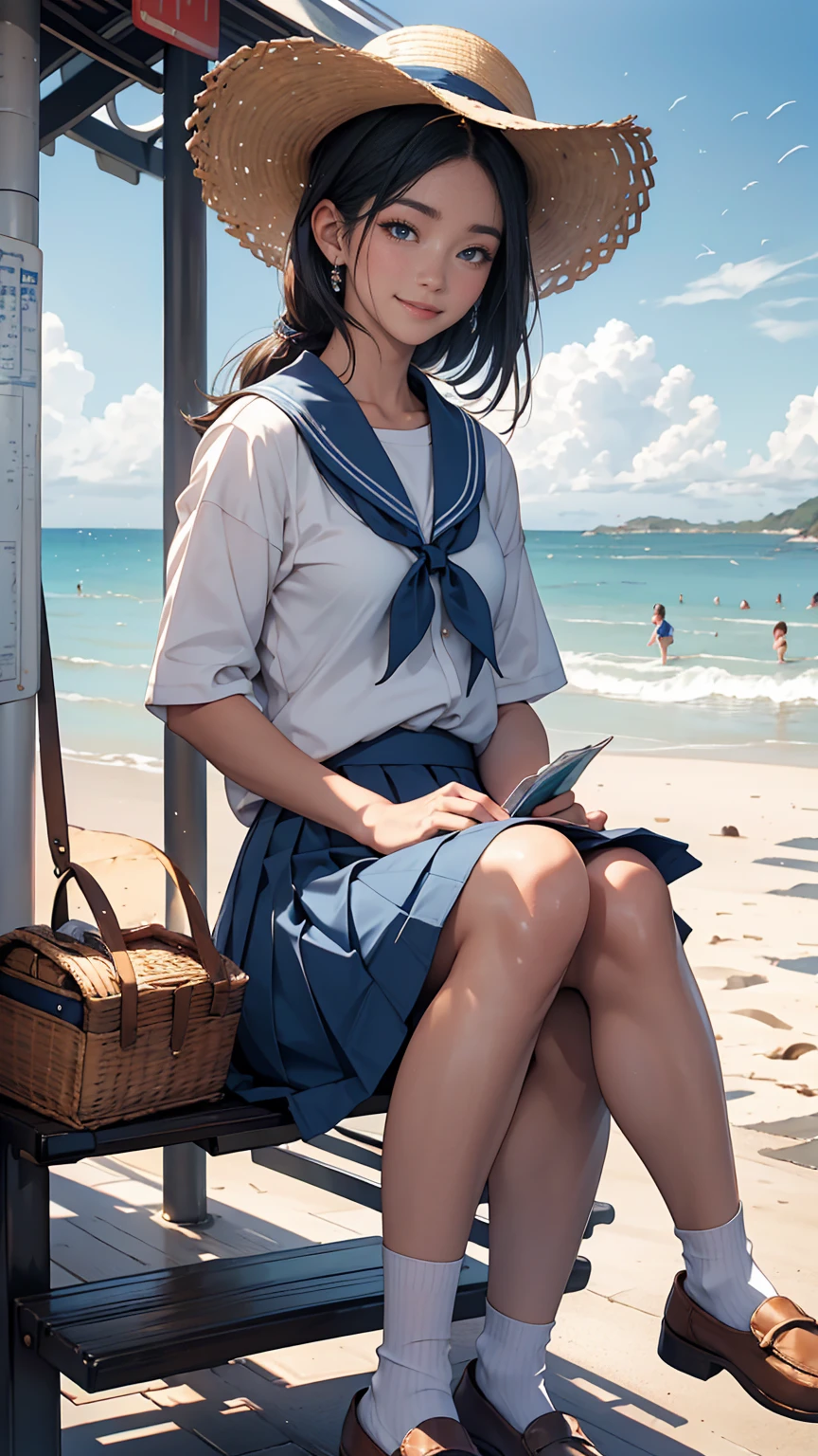 ((最high quality, 8K, masterpiece: 1.3, Ultra HD, high quality, 最high quality, High resolution, realism)) 、An extremely beautiful 18-year-old Japanese woman、hair color is black、Iriedium Hair、Straight Hair、smile、Fashion model body type、I want my head to stay off screen、Walk on a high seawall at the beach、I put my hand on my forehead and look at the sea、The blue sky is beautiful、There is an entrance cloud、It's summer、Sailor suit((Summer clothes))wear、Wear a navy blue pleated skirt、wear loafers、There is a bus stop that looks like a hut on the coastline road where you can see the ocean.、Sit on a bench at the bus stop、The sea breeze feels good