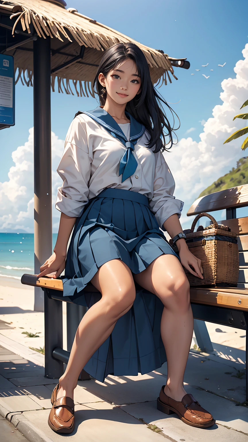 ((最high quality, 8K, masterpiece: 1.3, Ultra HD, high quality, 最high quality, High resolution, realism)) 、An extremely beautiful 18-year-old Japanese woman、hair color is black、Iriedium Hair、Straight Hair、smile、Fashion model body type、I want my head to stay off screen、Walk on a high seawall at the beach、I put my hand on my forehead and look at the sea、The blue sky is beautiful、There is an entrance cloud、It&#39;s summer、Sailor suit((Summer clothes))wear、Wear a navy blue pleated skirt、wear loafers、There is a bus stop that looks like a hut on the coastline road where you can see the ocean.、Sit on a bench at the bus stop、The sea breeze feels good