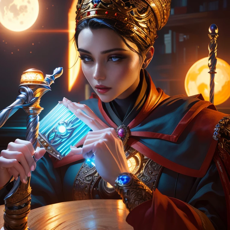 Rennala - Elden Ring,  short black hair, blue eyes, sitting at a table, hands holding staff, ig model | artgerm, extremely detailed artgerm, hyperrealistic fantasy art, artwork in the style of guweiz, artgerm and wlop, wlop and artgerm, alena aenami and artgerm, artgerm. anime illustration, dark moody atmosphere, moon in the background, outside, nighttime, stars, lake view